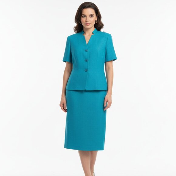 Le Suit Skirt Suit 12 Teal Blue Professional Business Career Set 2-Piece - Picture 1 of 5